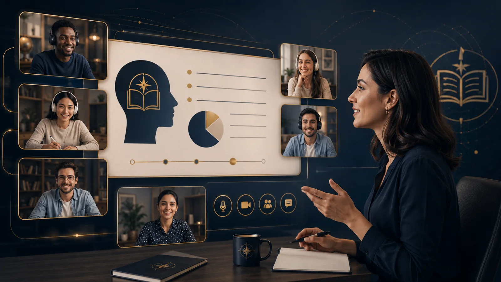 An instructor leading a virtual class with several remote learners on screen.