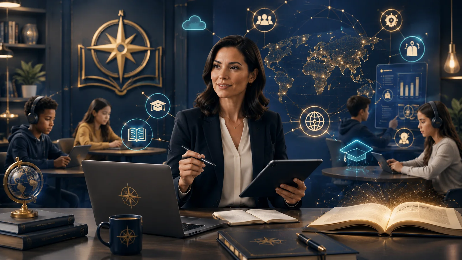 An educator coordinating connected digital learning tools in a modern classroom.